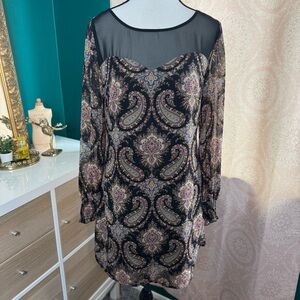 Xhilaration Black Paisley Long Sleeve Dress Boho Sweetheart Neckline Bohemian